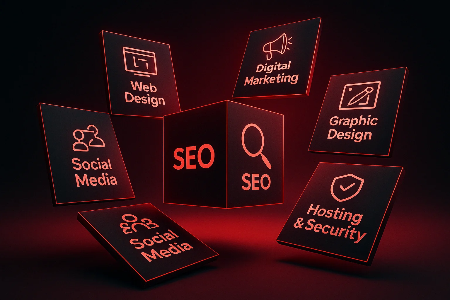 Ilustracija MaxDesign sistema: SEO, web dizajn, marketing i sigurnost u jednom bloku